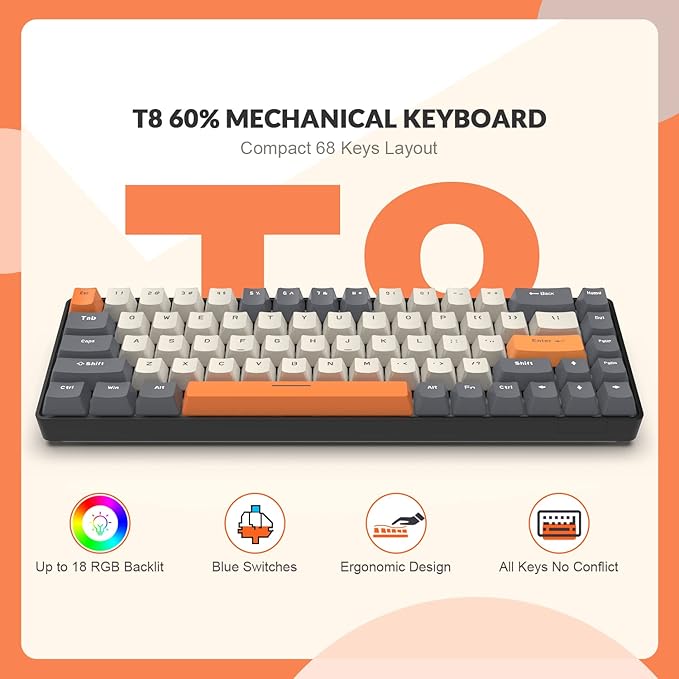 ZIYOU LANG RK-T8 Wired 65% Mechanical Gaming Keyboard with RGB LED Backlit Anti-ghosting TKL Mini 68 Key Custom Coiled C to A Cable Tactile Blue Switch for PS4 PS5 Xbox PC Mac Gamer(Dark Gray/White)