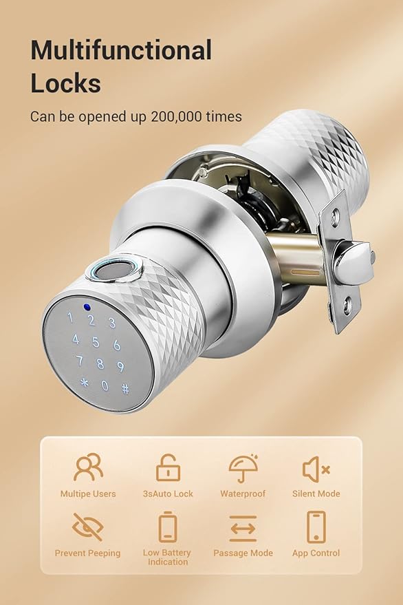 Buoan Big Fingerprint Smart Door Knob, Keyless Entry Door Lock with Handle, with Keyboard, Bluetooth, App, Easy to Install, Suitable for Hotels, Bedrooms, Study, Offices