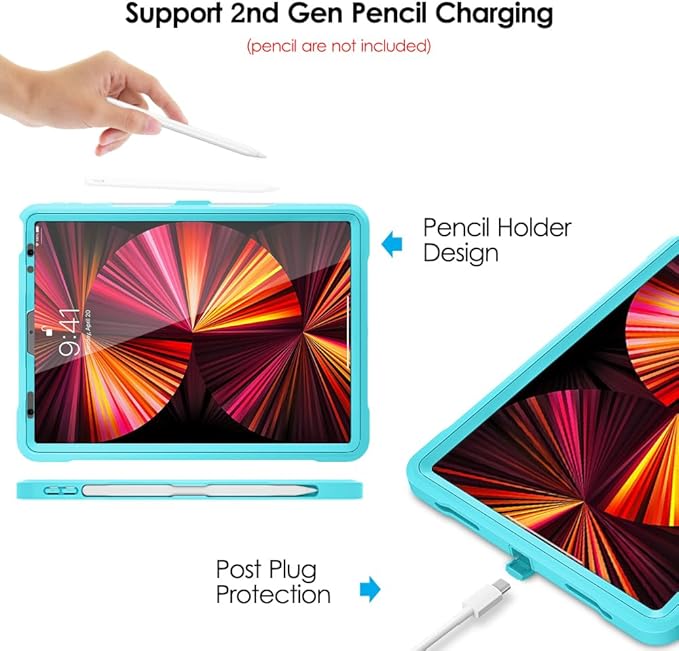 DTTO for iPad Pro 11 inch Case 2022(4th Gen)/2021(3rd Gen), [Screen Protector] Dual Layer Full Body Protection Cover with Pencil Holder, Also Fit iPad Pro 11'' 2020&2018/iPad Air 5/Air 4 - Cyan Blue