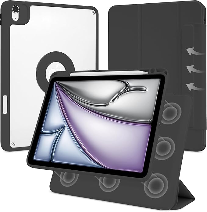 Case for iPad Air 13 Inch M4/M3/M2 2026/2025/2024, iPad Pro 12.9 Inch 6th/5th Gen. 2022/2021 with Pencil Holder, Vertical Stand, Detachable Magnetic Trifold Stand Case,Auto Wake/Sleep, Black