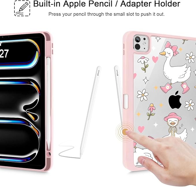 May Chen Case for iPad Pro 11-Inch M5/M4 2025/2024 (6th/5th Generation), [Penceil Holder] Trifold Stand Auto Wake/Sleep Clear TPU Protection Back Cover, Cute Goose Spring