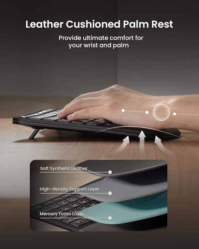 ProtoArc Ergonomic Wireless Keyboard Mouse, EKM01 Plus Full Size Ergo Bluetooth Keyboard Mouse Combo, Split Design, Wrist Rest, Multi-Device, Rechargeable, for Windows/Mac OS - Black