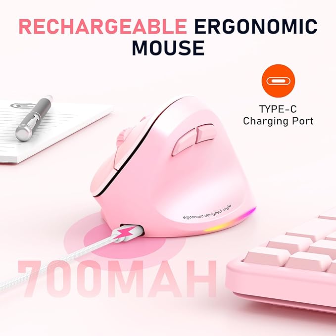 MEETION Ergonomic Mouse Wireless, Vertical Mouse RGB Backlit, Rechargeable Mice for Bluetooth(5.2 + 3.0) USB-A with Type-C Adapter, 4 Adjustable DPI, for Mac/Windows/Andriod/PC/Tablet/iPad Pink
