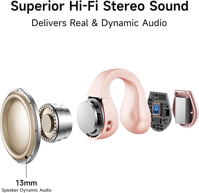 aigo Open Ear Earbuds, Wireless Bluetooth Earphone, Clip on Headphones, Over The Ear Earbuds for Fitness Running Gym Workouts, Built-in Mic, Wireless Charging, Pink Headset