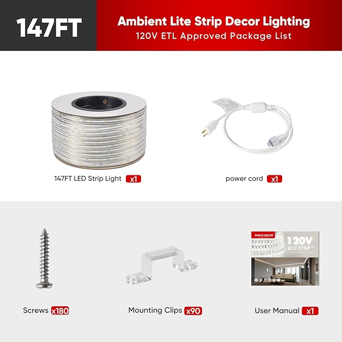Shine Decor LED Strip Lights 108w Low Consumption, Cold Resistant IP65 Waterproof Outdoor Rope Light 120 VAC, Cuttable Connectable Indoor Lite Lighting Strip 147 FT ETL Listed 7x10mm 6000K Cool White