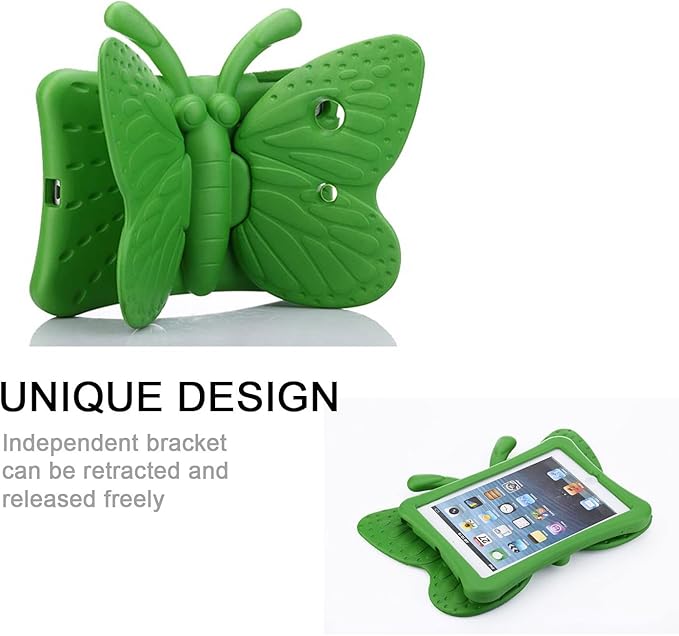 Kids Proof Case for Apple iPad mini 5/4/3/2/1 with Kickstand 3D Cartoon Soft EVA Foam Lightweight Shockproof Cover iPad mini 5th (2019) 4th/3rd/2nd/1st Generation 7.9", Green Butterfly