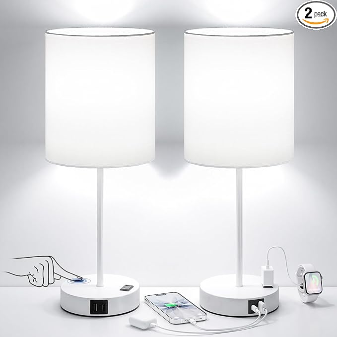 White Touch Lamps for Nightstand Set of 2 - Bedside Table Lamp for Bedroom with Dual USB Ports & AC Outlet, 3-Way Dimmable Lamps for Living Room Boys Room, Night Light with 5000K Daylight Bulbs