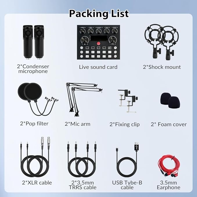 Podcast Equipment Bundle for 2, Audio Interface with BM-800 Condenser Microphone, V8s Sound Card with Voice Changer, Podcast Equipment for Podcasting, Recording, Singing, Streaming, Gaming