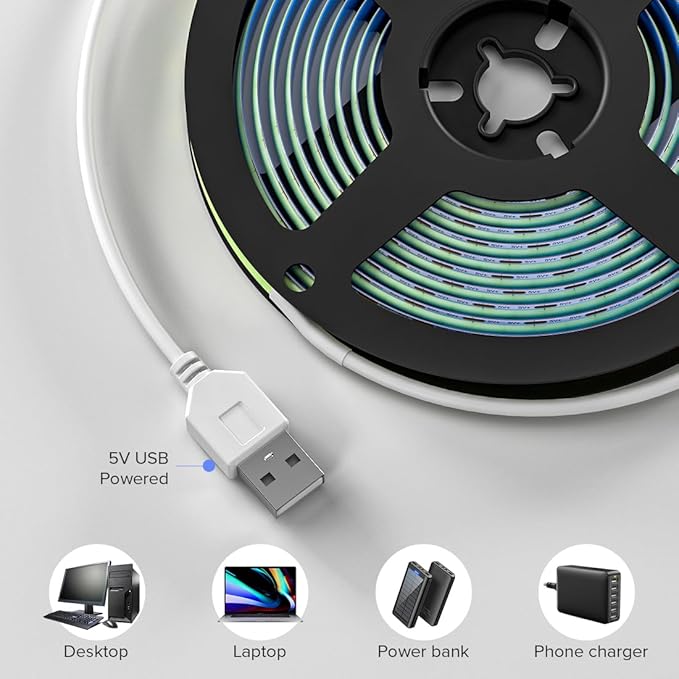 6.56FT/2M 5V USB LED Light Strip Ice Blue Flexible High Density COB Strips 640LEDs, 8mm LED Tape for Under Cabinet Bedroom No Controller and Power