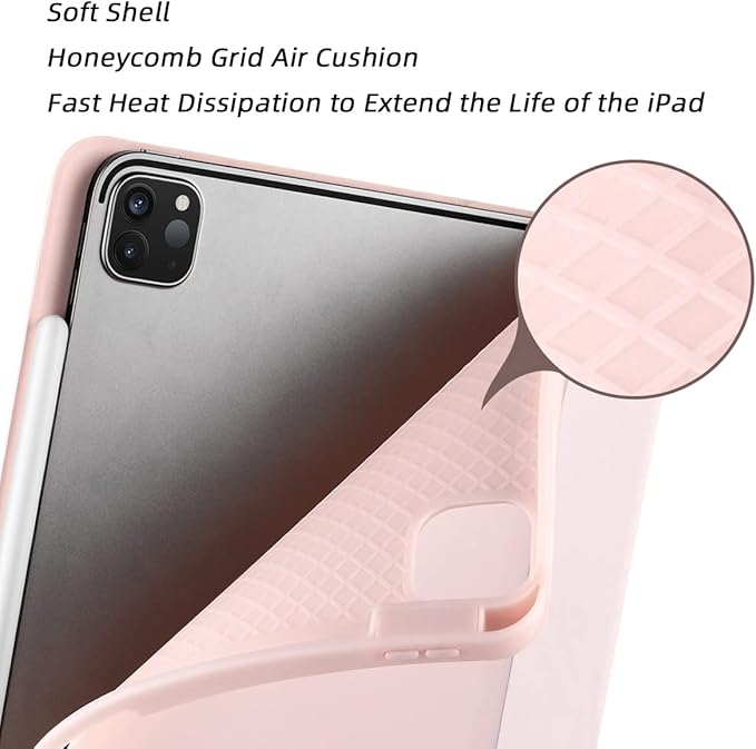 Cases for iPad Pro 12.9 Case 6th/5th/4th Generation (2022/2021/2020) with Pencil Holder [Apple Pencil Wireless Charging] Soft TPU Smart Tri-fold Stand Protective Cover(Pink)
