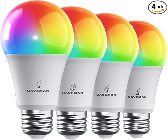 Caveman Matter & WiFi A19 Smart LED Light Bulb, RGBW Color Changing, Tunable Warm & Cool White 800LM (60W Equivalent) – Alexa, Google Home, Apple Home Bulb (4pk)