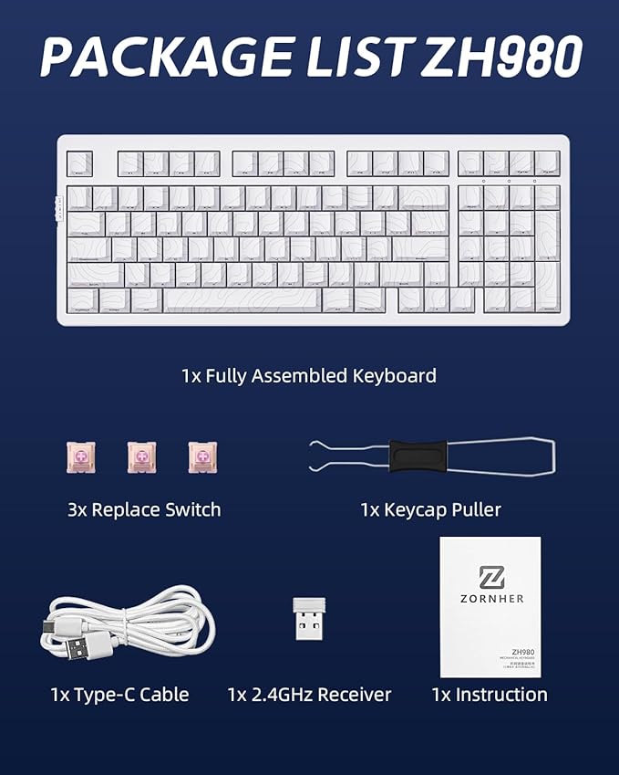 ZORNHER ZH980 Mechanical Keyboard Wireless,95% White Creamy Keyboard with Number Pad,Hot-Swappable Custom Gaming Keyboard,White Topographic Keycaps,Creamy Sounding Linear Switches,Full Size
