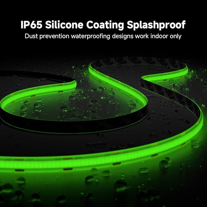 BTF-LIGHTING FCOB IP65 Waterproof Green Color COB LED Strip 16.4FT DC12V 480LED/m 8mm Width Flexible High Density CRI 90+ Dimmable LED Light for Home Indoor Decor(No Controller or Adapter)