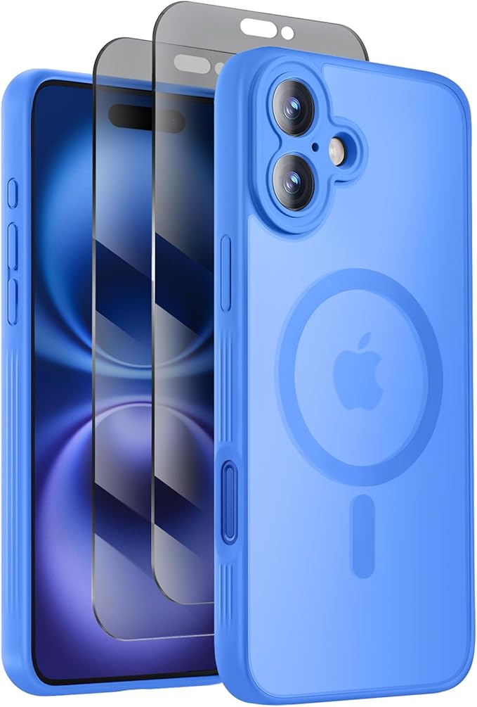 Symcele Designed for iPhone 16 Plus Case, Compatible with MagSafe, with Privacy Screen Protectors X2, [Camera Protection] [15FT Military Drop Protection] Shockproof Phone Case, 6.7", Blue