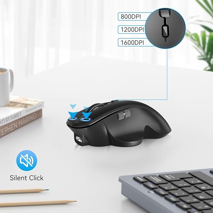 Uiosmuph Mini Wireless Bluetooth Mouse for Travel, Silent Rechargeable Computer Mouse for Laptop, Small Portable BT5.1/5.0 & 2.4Ghz with USB Receiver and Type C Adapter - Black