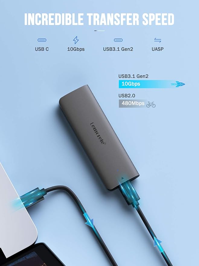 Lemorele Aluminum M.2 NVMe Enclosure,USB 3.2 Gen2 10Gbps Tool-Free ,SSD Enclosure for NVMe PCIe M-Key,Nvme USB Adapter Support UASP Trim for 2280 2260 2242 2230(Sata NOT Supported)
