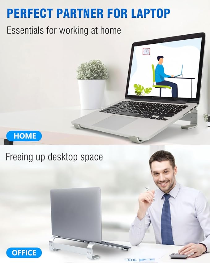 Ventilated Laptop Stand for Desk, Ergonomic Aluminum Laptop Riser, Computer Stand for Laptop, Compatible with MacBook Air Pro, Dell, HP, More 11-17.3 Inches Notebook, Work from Home (Silver)