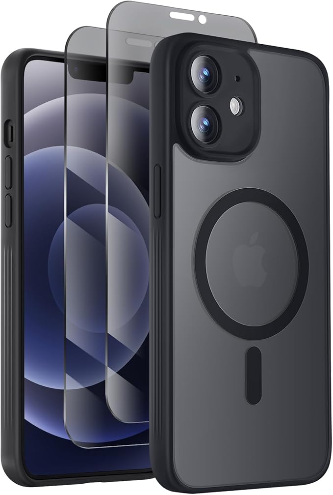 Symcele Designed for iPhone 12 Case, Compatible with MagSafe, with Privacy Screen Protectors X2, [Camera Protection] [15FT Military Drop Protection] Shockproof Phone Case, 6.1", Black