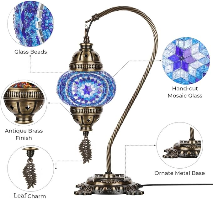 DEMMEX Turkish Moroccan Mosaic Table Lamp – Handcrafted Tiffany-Style Colorful Glass Swan Neck Bedside, Desk, Table Light, Boho Artisan Accent Lighting for Bedroom or Living Room – 15" H, Blue