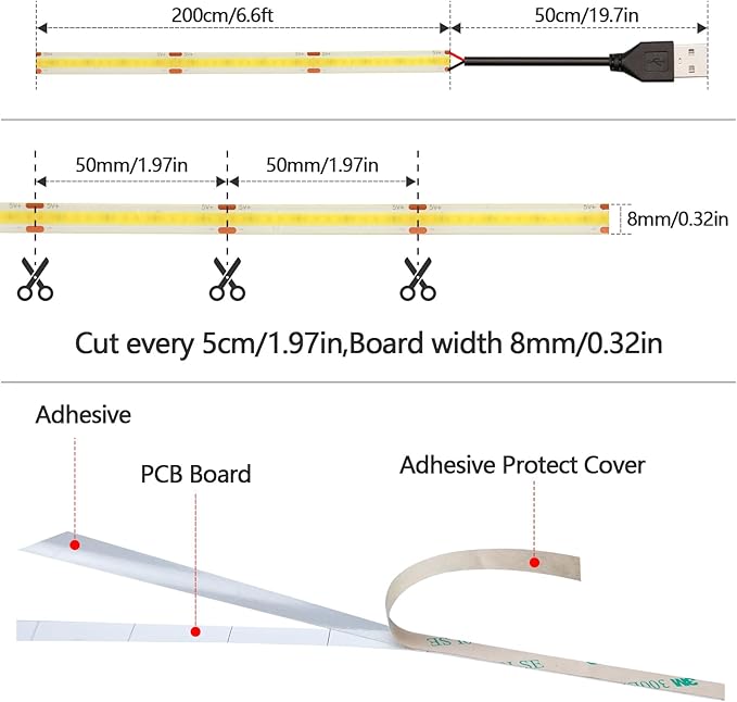 DC 5V USB COB LED Strip Light Cool White 6000K Dimmable IP65 Waterproof CRI 93+ USB Powered 6.6ft/2M 640LEDs with Dimmer High Brightness Flexible LED Tape Lights