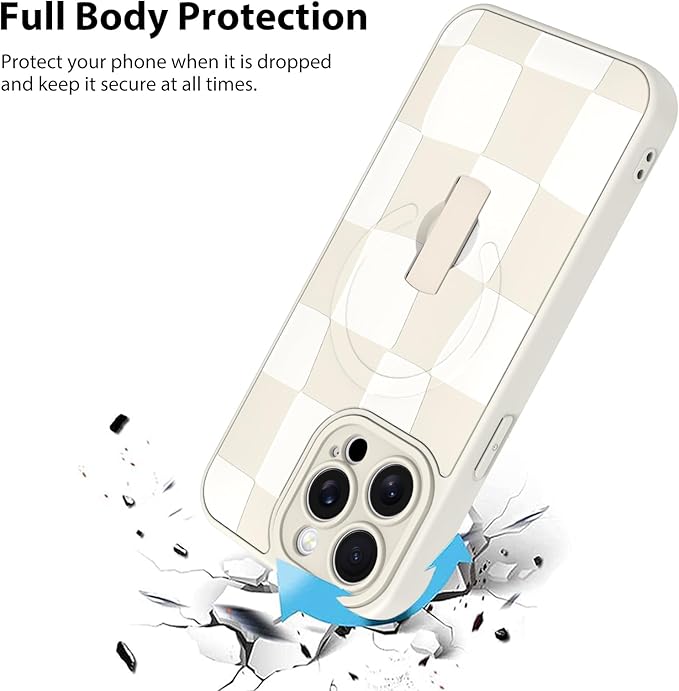 KANGHAR Compatible with iPhone 15 Pro Max Case, Support for MagSafe, Silicone Checkered Cute Pattern, Wristband Kickstand Camera Protection Soft Slim Cover for Girls Women -White
