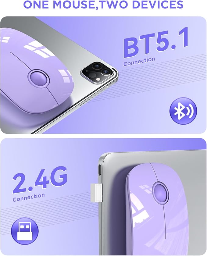 RAPIQUE Wireless Bluetooth Mouse, Purple, 1600 DPI, Long Battery Life, Dual Connectivity, Quiet Click, High-Precision Optical Tracking, Versatile Compatibility