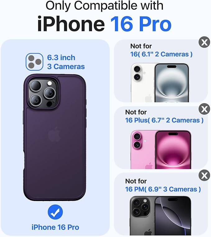 for iPhone 16 Pro Case, [Military-Grade Drop Protection][Anti-Yellowing] Shockproof Protective Translucent Matte Cover for iPhone 16 Pro Phone Case,Dark Purple