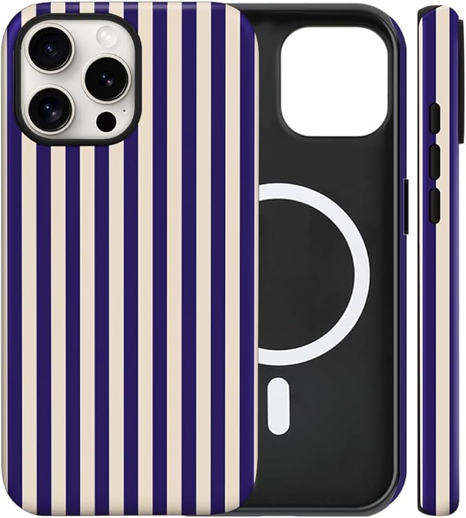 Magnetic for iPhone 16 Pro Max Case Cute Stripes Phone Case, Shockproof Slim TPU and Hard PC Protective Phone Cover Compatible with MagSafe Designed for Women Girls, Deep Purple