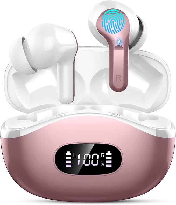 Wireless Earbuds, 48Hrs 2026 Bluetooth Headphones, Hi-Fi Stereo Deep Bass Ear Buds, ENC Noise Cancelling Mic, Clear Calls, IP-X7 Waterproof, USB Sport Earphone in Ear for Phones Laptop Pad, Rose Gold