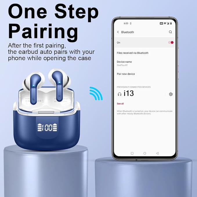Wireless Earbud Bluetooth 5.4 Headphones, Hi-Fi Stereo Ear Buds with 4 ENC Cancelling Mics, 40H in-Ear Earphones IP7 Waterproof Sports, LED Display, Mini Headset for Laptop Pad TV Phones, Deep Blue