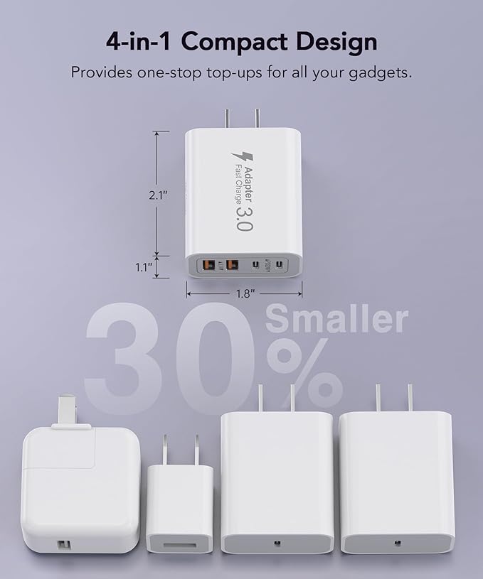 3 Pack Fast Charging Block, 40W 4-Port Charger Cube Power Brick Plug Box Base Adapter for iPad/Pro/Mini, Compatible with iPhone 13/14/15/16/17,Galaxy, Motorola,Sony, Google Pixel, Tablet