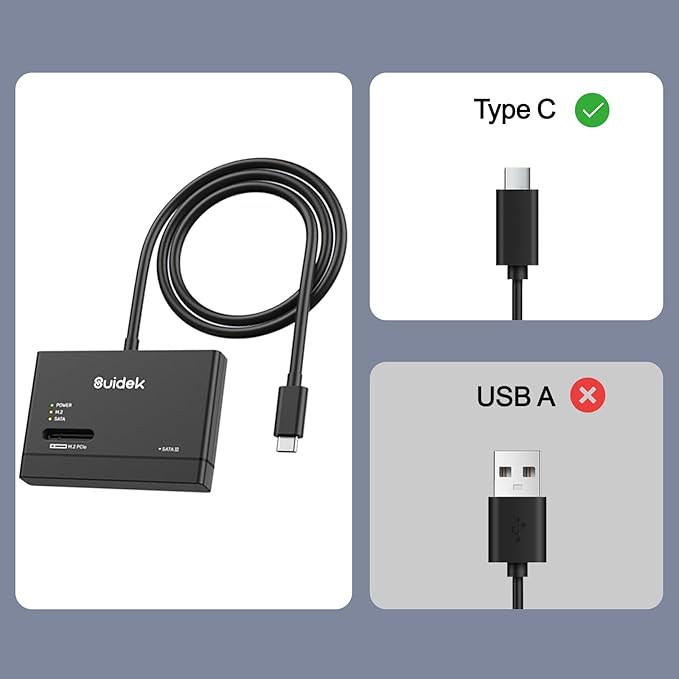 SUIDEK M.2 NVMe SSD Adapter, Type-C 10Gbps to M.2 and SATA Hard Drive Reader External M2 PCIe NVMe SSD Enclosure Compatible with (M Key&M+B Key) Any Sizes and 2.5"/3.5" SATA with 12V/2A Adapter