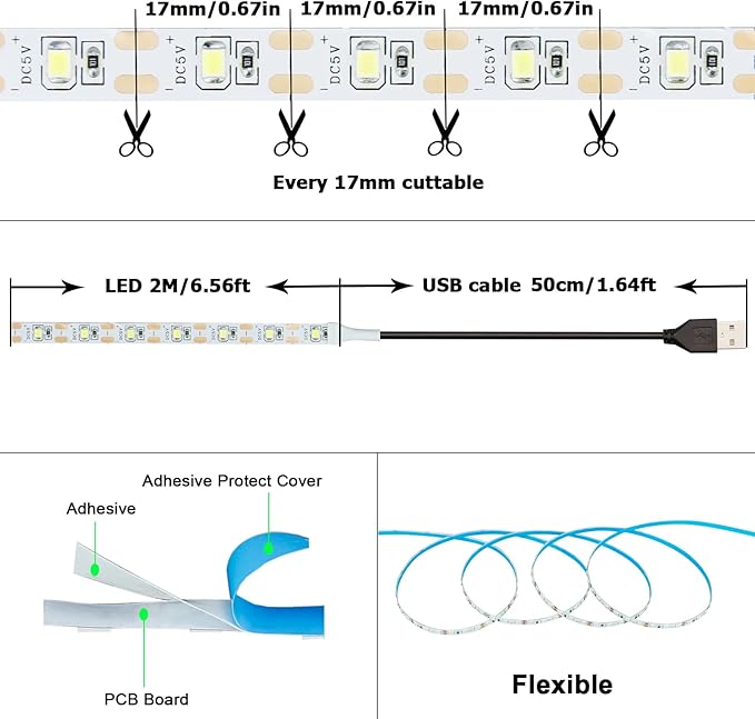 USB LED Strip Light Natural White 4000K 5V USB Powered 13.12ft/4M 240LEDs Flexible SMD2835 High Brightness No-Waterproof IP20 LED Tape Lights(2pcs x 6.6ft)