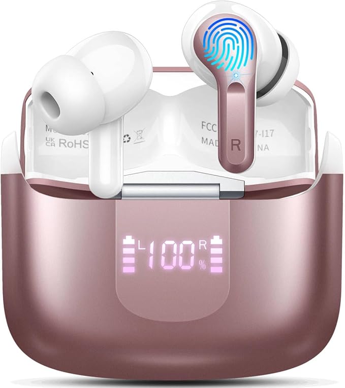 Wireless Earbud Bluetooth 5.3 Headphones, Hi-Fi Stereo Ear Buds with 4 ENC Cancelling Mics, 40H in-Ear Earphones IP7 Waterproof Sports, LED Display, Mini Headset for Laptop Pad TV Phones, Rose Gold