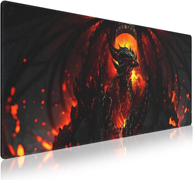 XXL Gaming Mouse Pad with Stitched Edges for PC Home & Office 31.5 x 11.8 inches - Abstract Dragon of Flames and Shadows Design, Smooth Fabric Surface Anti-Slip Rubber Base Large Desk Mat