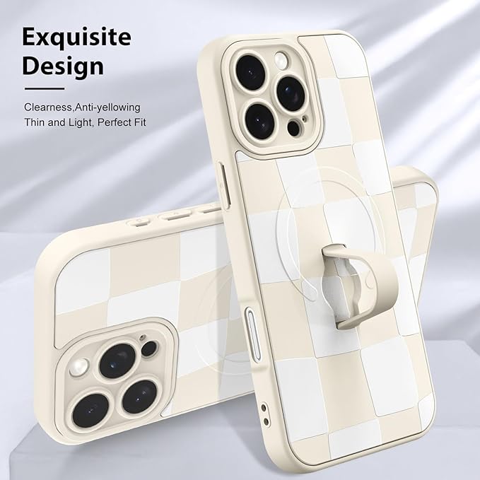 KANGHAR Compatible with iPhone 16 Pro Case, Support for MagSafe, Silicone Checkered Cute Pattern, Wristband Kickstand Camera Protection Soft Slim Cover for Girls Women -White
