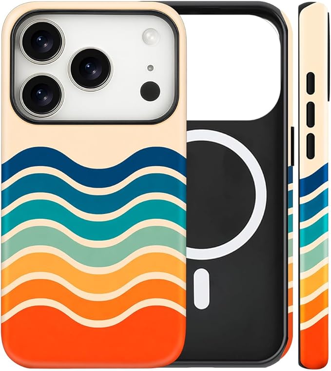 Magnetic for iPhone 17 Pro Case Cute Stripes Phone Case, Shockproof Slim TPU and Hard PC Protective Phone Cover Compatible with MagSafe Designed for Women Girls,Retro Wave