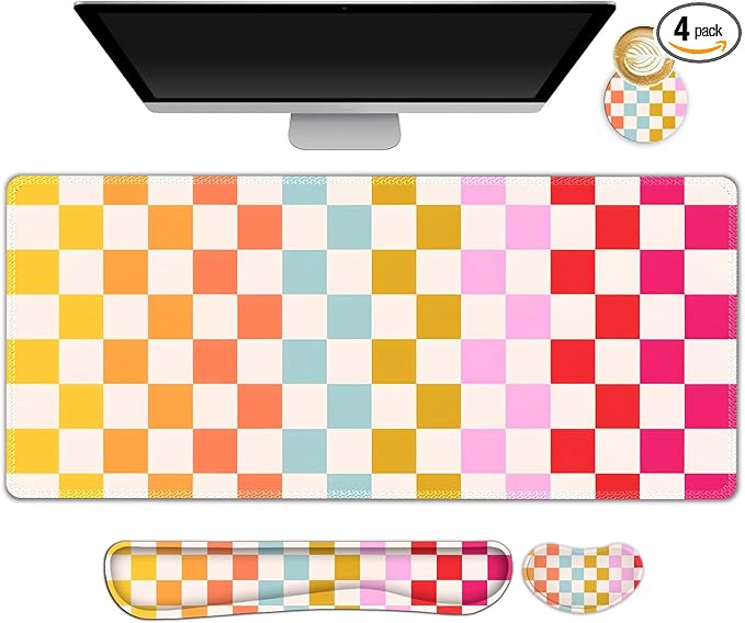 Large Gaming Mouse Pad Set, 4 in 1 Ergonomics Keyboard Desk Mat with Memory Foam Wrist Rest, Computer PC Extended Game Mousepad, Non-Slip Desk Matt Easy Typing Pain Relief I Colorful Checkered