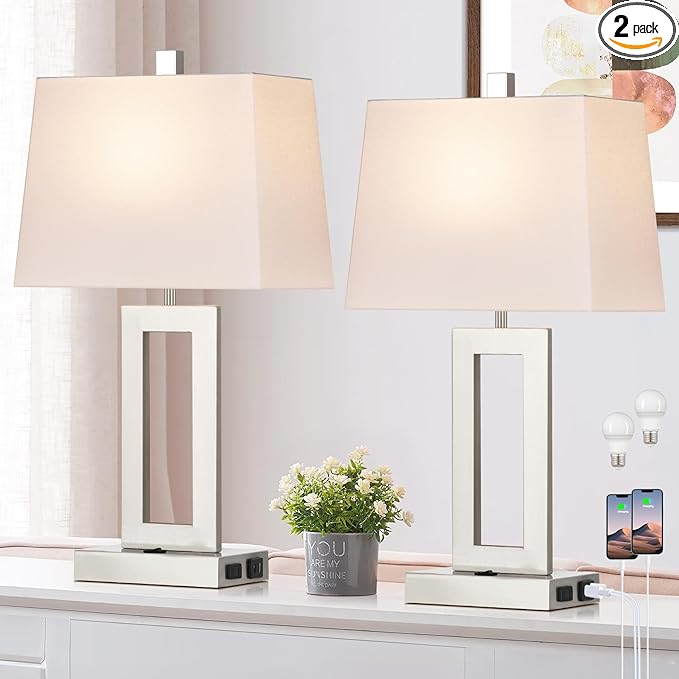 Cinkeda Table Lamp Set of 2 with USB C+A Ports & AC Outlet, Bedside Lamps, Modern Bedroom Lamps, Silver Lamps for Bedroom Living Room,Nightstand Lamp（Push Button Swich/NO dimming