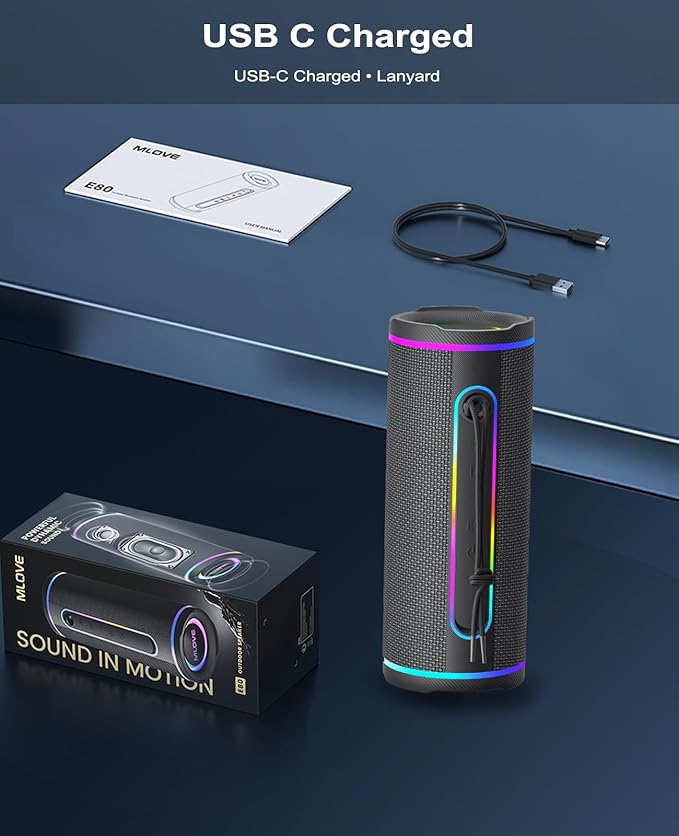 MLOVE E80 Speakers Bluetooth Wireless, Portable Bluetooth Speaker with Aux Input, Micro SD Card Slot, Bass Up, TWS, RGB Lights, IPX7 Waterproof, BT5.4 for Outdoor, Car Music, Beach, Gifts, 30W, Black