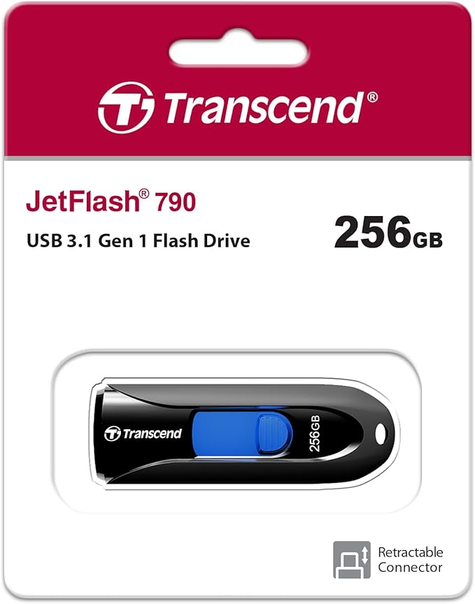 Transcend JF790 256GB USB Flash Drive, for PC/Mac/Laptop/Windows/Computer/Desktop/TV/Car Audio, USB3.2 Gen1 Memory Stick, Thumb Drives Data Storage w/Retractable Connector, USB2.0/3.0/3.1 Compatible