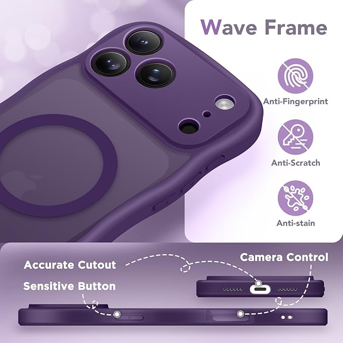 CAPRARO Magnetic for iPhone 17 Pro Max Case for Women Girls, Upgraded [Full Camera Protection] [Compatible with MagSafe] Cute Wave Translucent Matte Phone Case for iPhone 17 Pro Max, Deep Purple