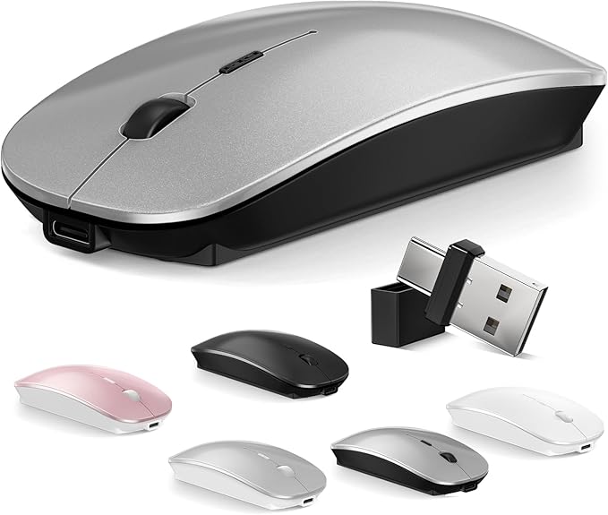 Normdecos Mouse for MacBook Wireless Bluetooth Mouse Laptop MacBook Air Mac Pro Rechargeable Silent PC iPad Optical Mice with Dual Mode Switch Bluetooth 5.2/3.0 and 2.4GHz USB Type-C Receiver Gray