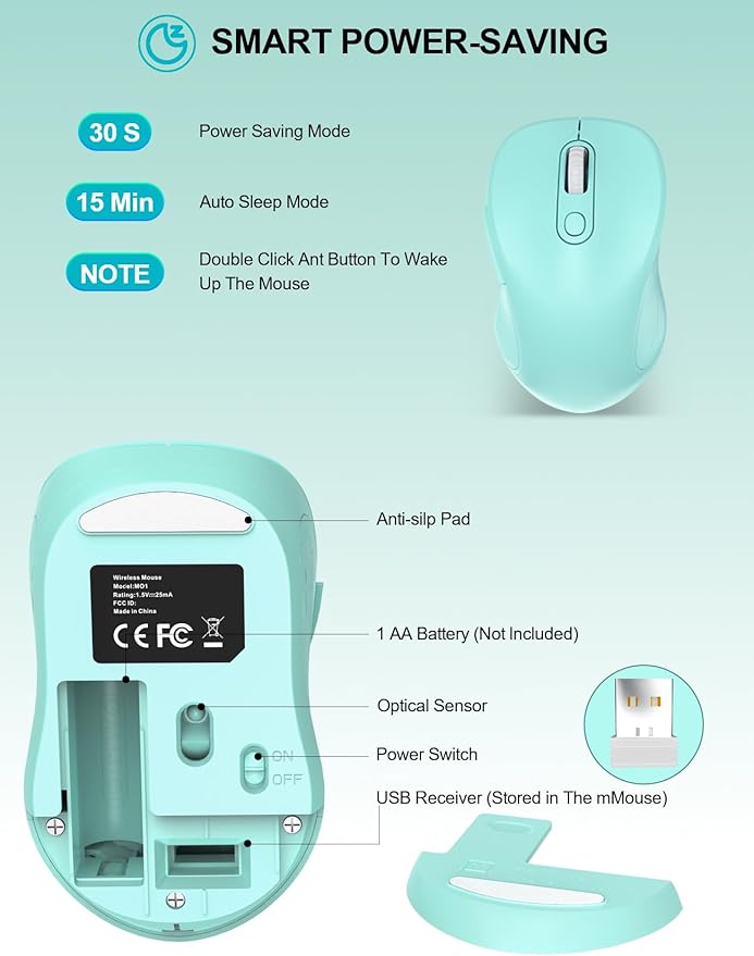 Trueque Wireless Mouse for Laptop, 2.4GHz Ergonomic Computer Mouse with Back & Forward Buttons, 3 Adjustable DPI Levels, 6 Buttons, Optical USB Cordless Mice for Windows PC, M01 (Mint Green)