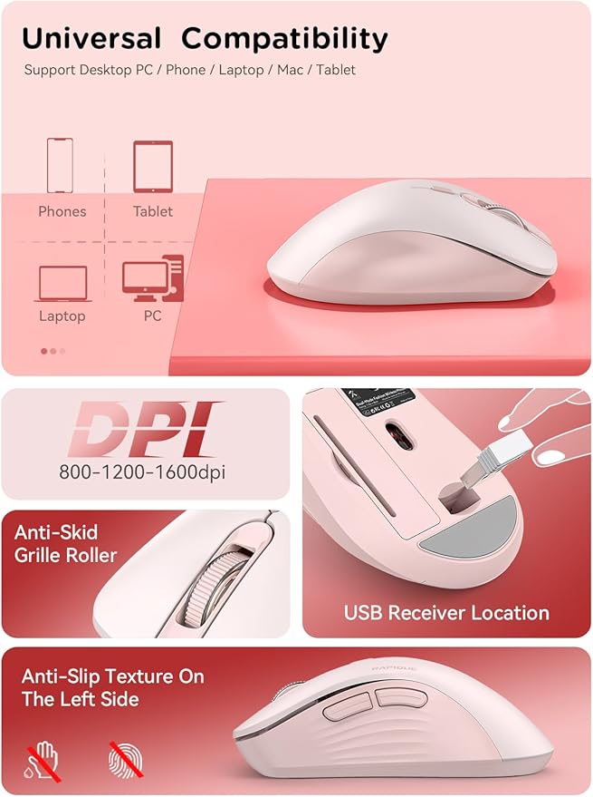 RAPIQUE Bluetooth Wireless Mouse - Dual Bluetooth & 2.4 GHz USB Receiver, Ergonomic Design, Quiet Clicks, Low Power - Multi-Device Compatibility for MacBook, Laptop, Computer, iPad Air/Pro (Pink)