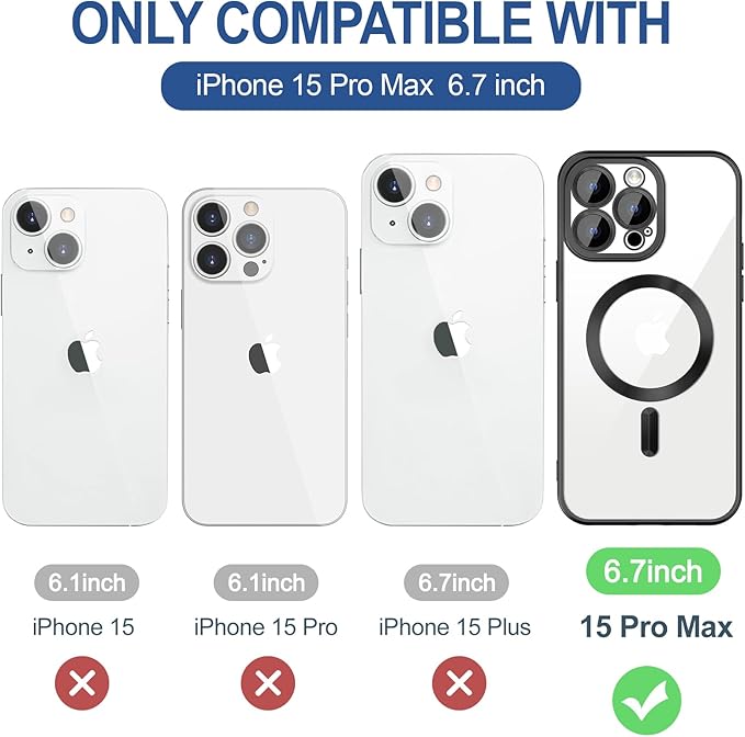 Hython Magnetic Clear for iPhone 15 Pro Max Case with Camera Lens Protector [Compatible with MagSafe] Plating Edge Slim Soft TPU Cover Protective Phone Case for iPhone 15 Pro Max 6.7", Matte Black