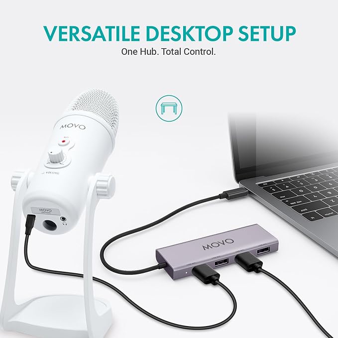 Movo USB Podcast Equipment Bundle for 2 – USB Interface with 2 UM700 Condenser Microphones – 4-Port Powered Hub for Streaming, Podcasting, Interviews (White)