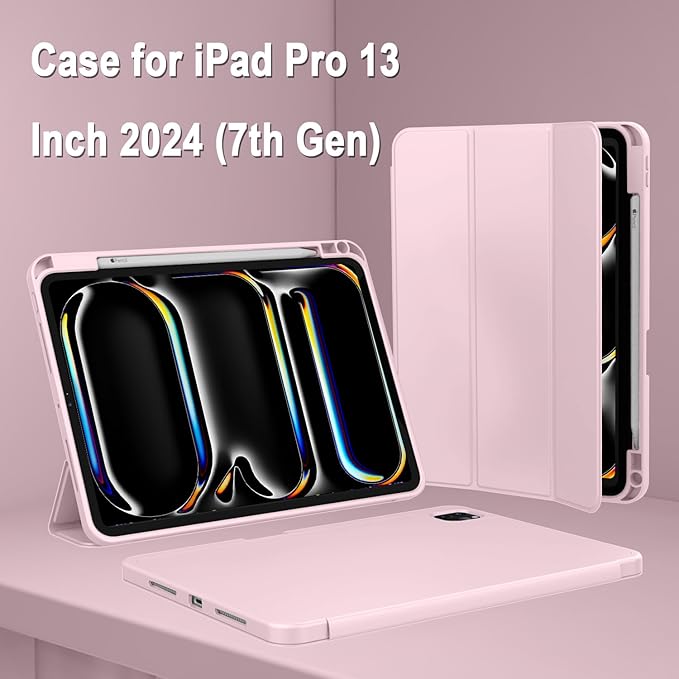 ZryXal New iPad Pro 13 Inch Case (M5) 2025 / (M4) 2024 with Pencil Holder, Smart iPad Case [Support Pencil Pro and Pencil (USB-C)], Support Touch ID and Auto Wake/Sleep (New Pink)