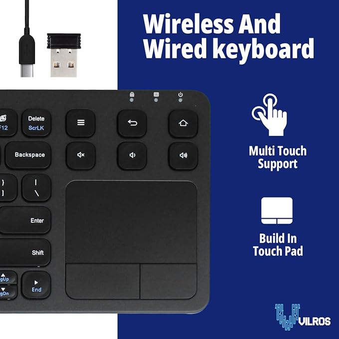 Vilros 2.4G Wireless & Wired Touch Keyboard with Built-in Touchpad- USB Wired + 2.4G Wireless Keyboard Compatible with Raspberry Pi