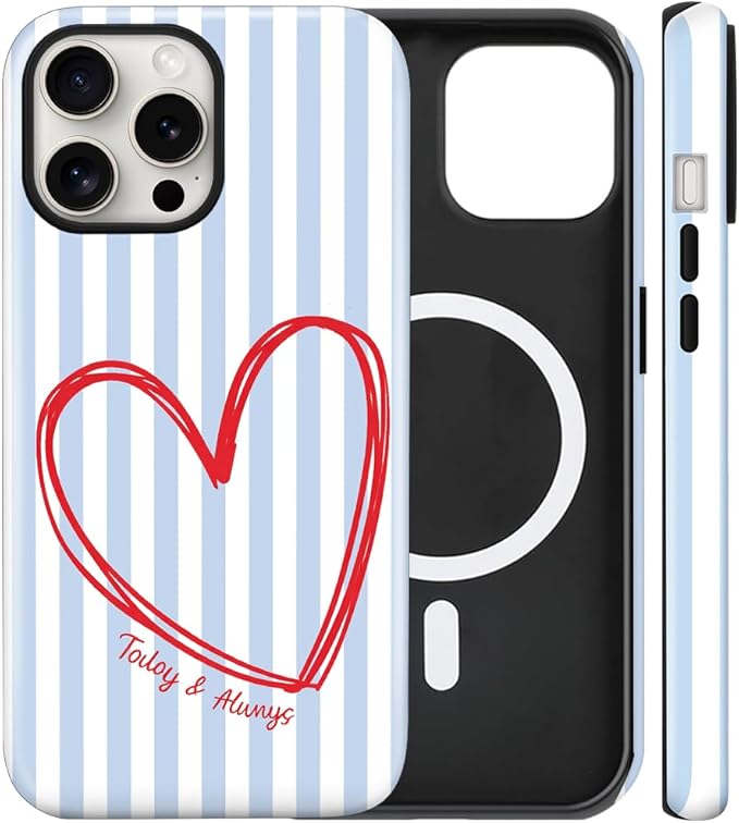 Magnetic for iPhone 16 Pro Max Case Cute Blue Heart Stripes Phone Case, Love Shockproof Slim TPU and Hard PC Protective Phone Cover Compatible with MagSafe Designed for Women Girls